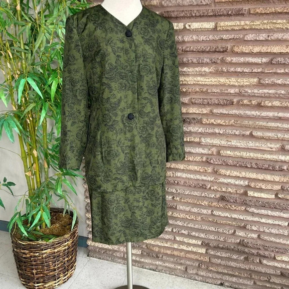 Kasper for ASL Vintage Green Black Roses Tunic Blazer Skirt Suit Size 10 - Picture 11 of 11